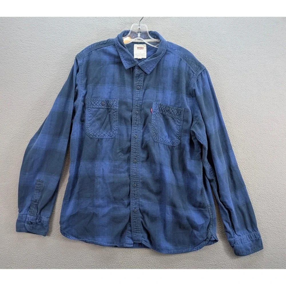Levi's Plaid Flannel Button Down Long Sleeve Shirt Men's XL Blue Cotton Western